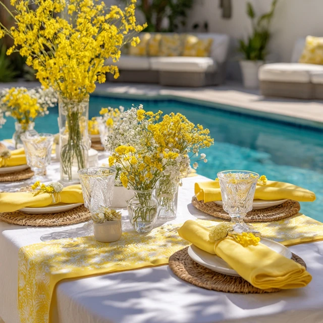 Backyard Poolside Table Setting with Flowers