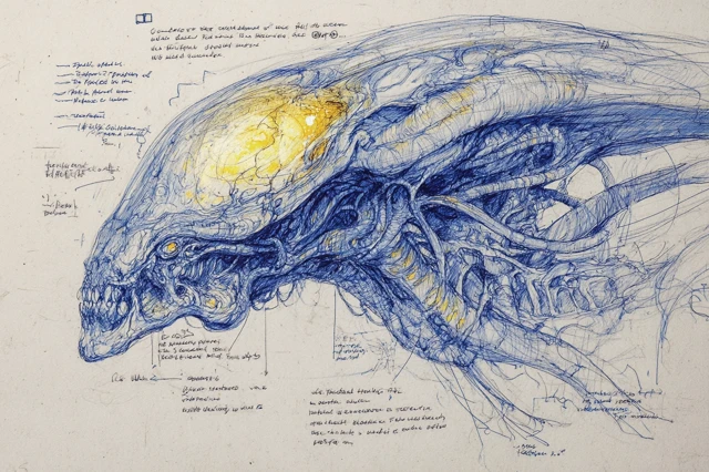 Alien Anatomical Study: Hand-drawn Ballpoint Pen
