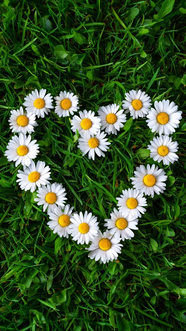 Daisies Heart Shape on Green Grass Nature Theme