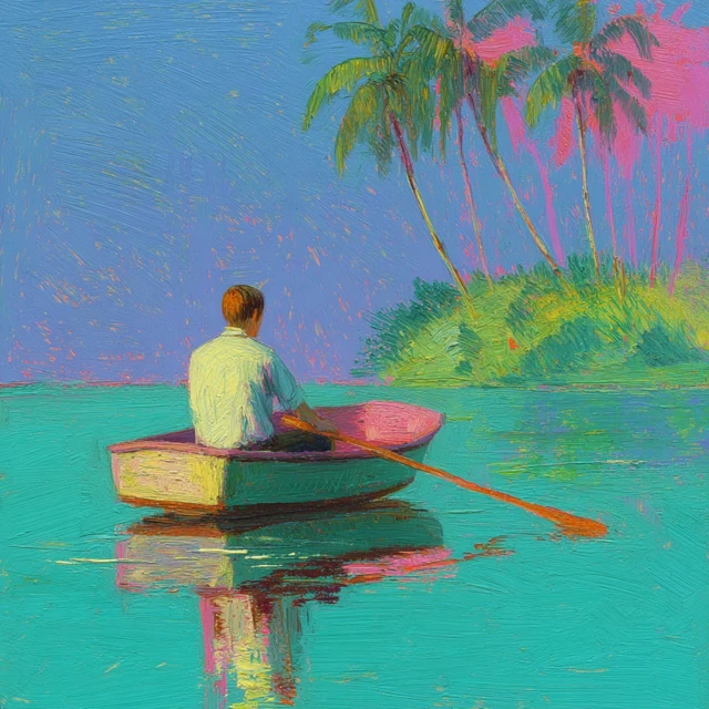 Hemingway in Rowboat Tropical Pastel Painting
