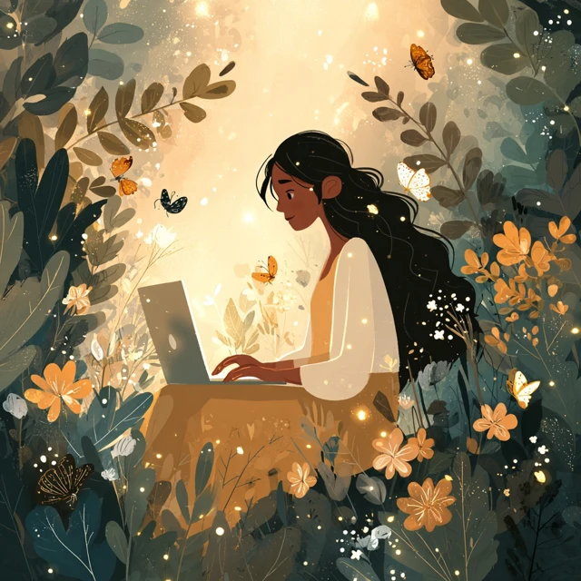 Woman Working in Garden with Butterflies and Flowers