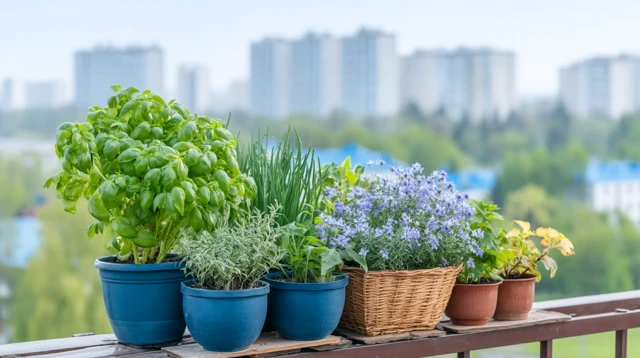 Urban Balcony Garden Flowers and Herbs in Morning Light