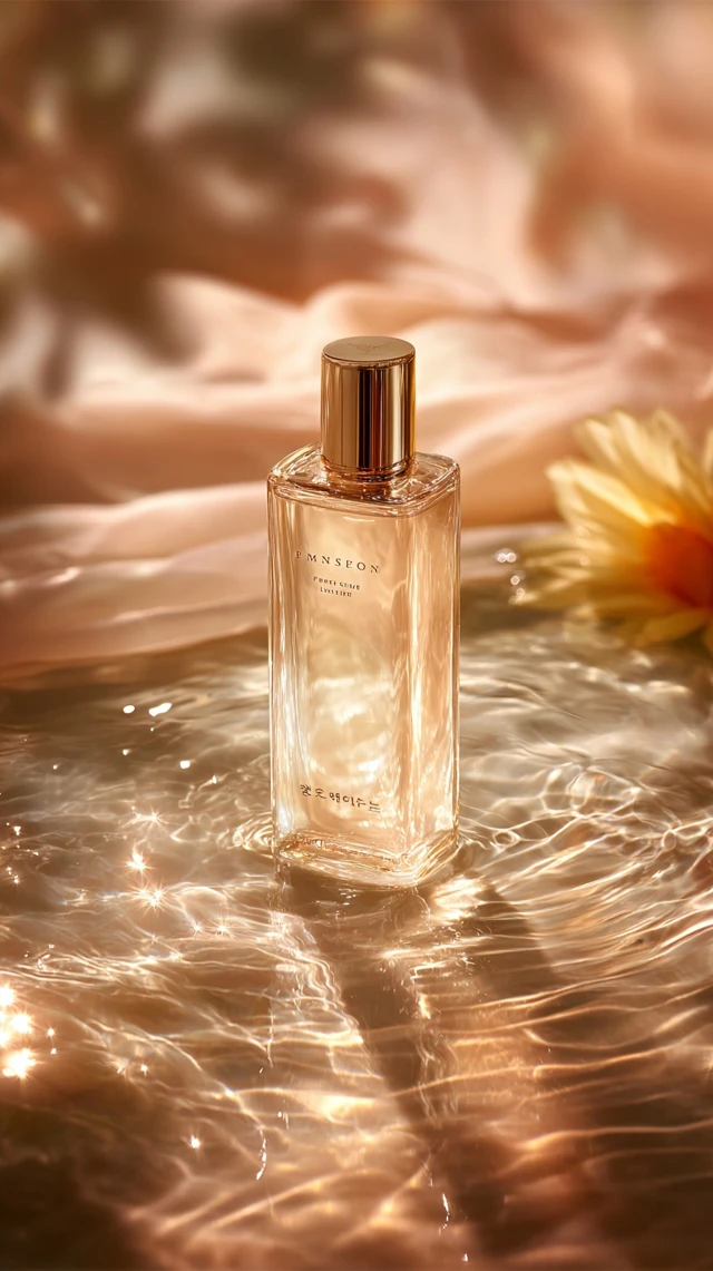 Elegant Body Lotion Bottle on Water Golden Hour