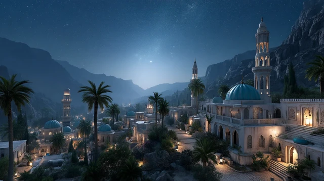Mystical Islamic Village Night Scene