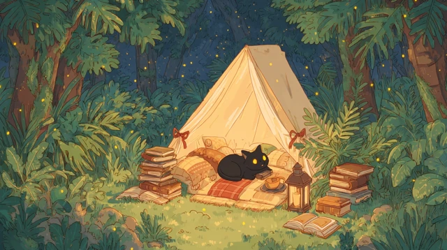Cozy Cat in Enchanted Forest - Whimsical Cartoon