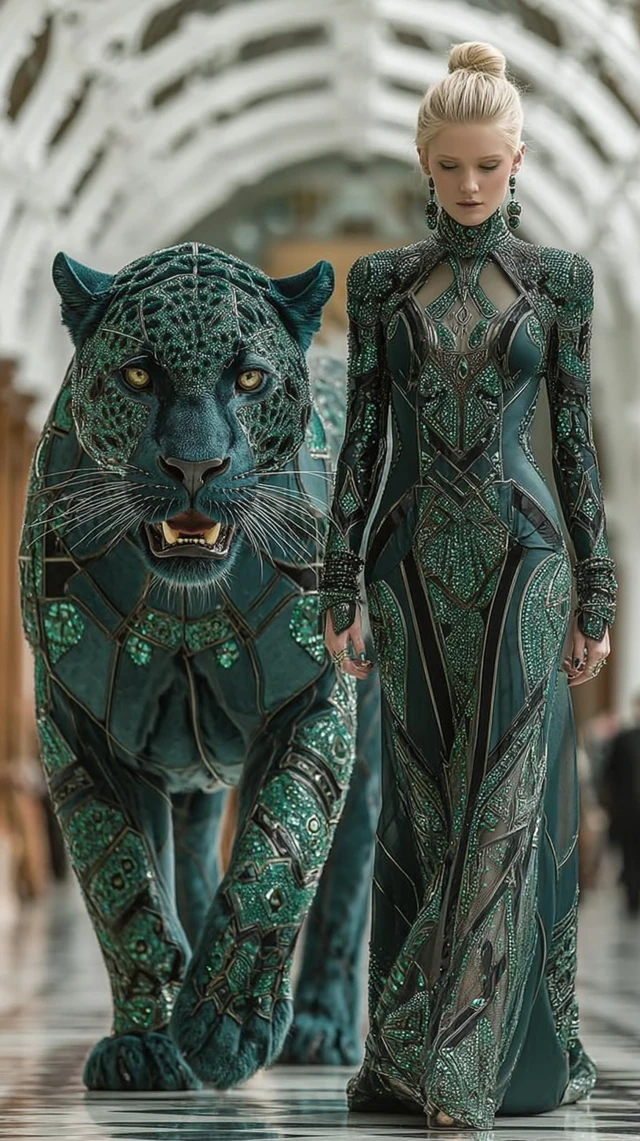 Elegant Model and White Panther Guardian Couture