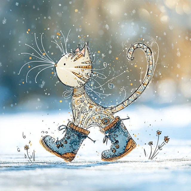 Cartoon Cat in Boots Walking in Snow Illustration