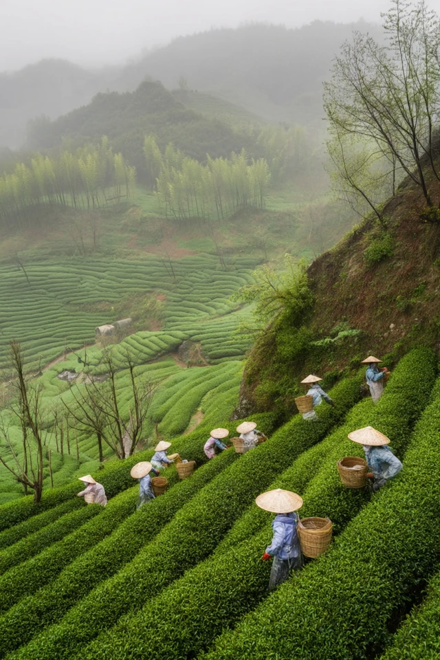 Tea Plantation in Spring Rain Zhejiang Rural Scenery