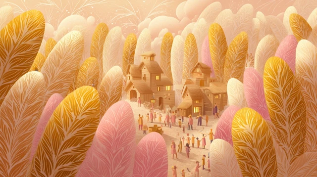 Utopian Village Cartoon Abundance and Peace