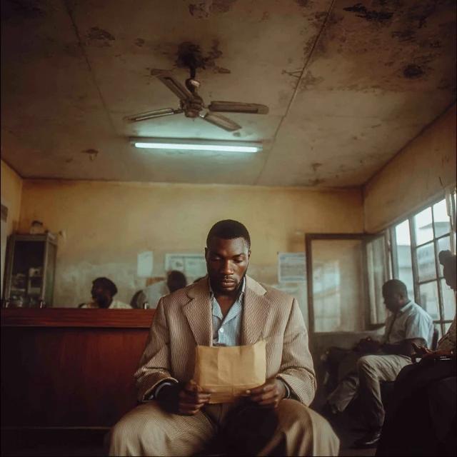 Nigerian Man in Dusty Lagos Office Waiting Room