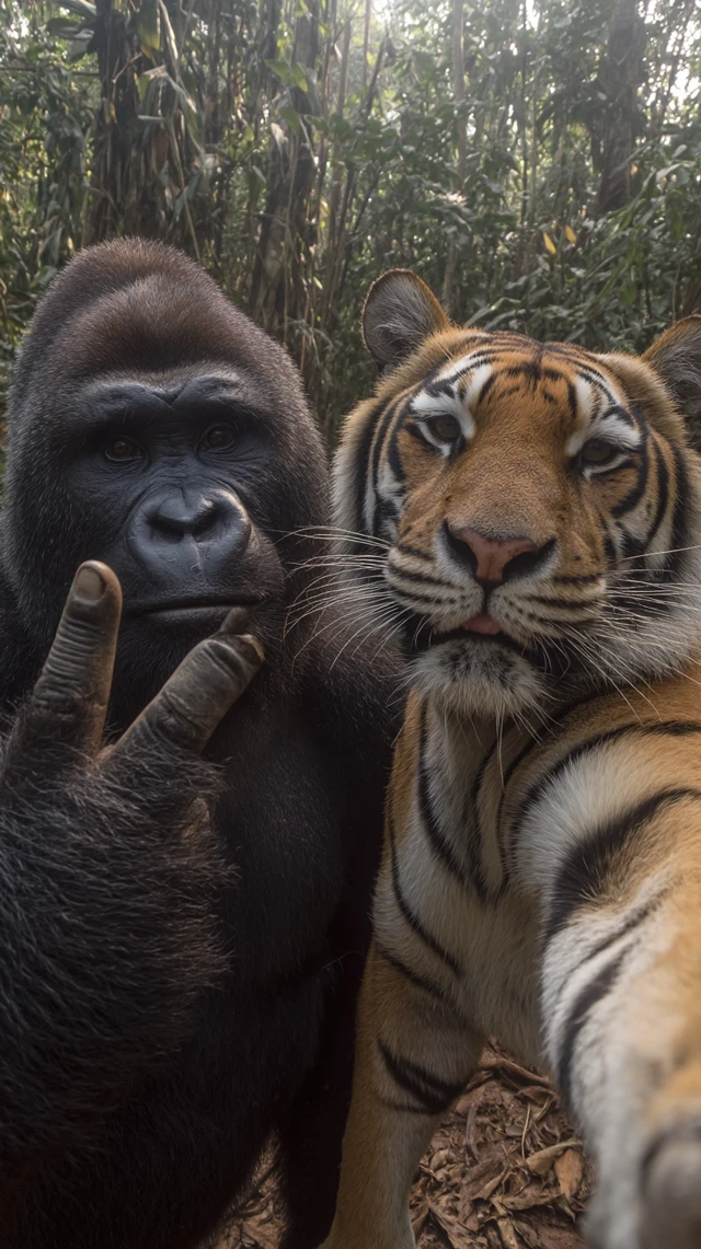 Gorilla and Tiger Making Peace Signs Jungle Selfie