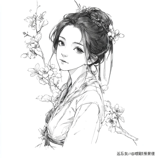 Elegant Anime Girl Line Art Illustration