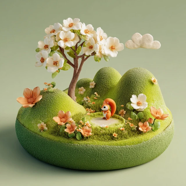 Spring Scene 3D Squirrel on Platform with Flowers