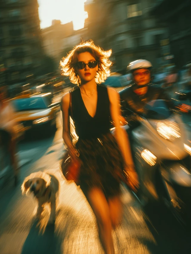 Woman in Motion Blur City Street Golden Hour Leica