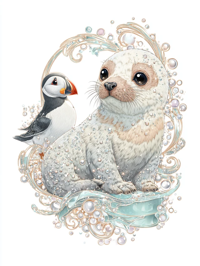 Kawaii Seal and Puffin Adorable Illustration
