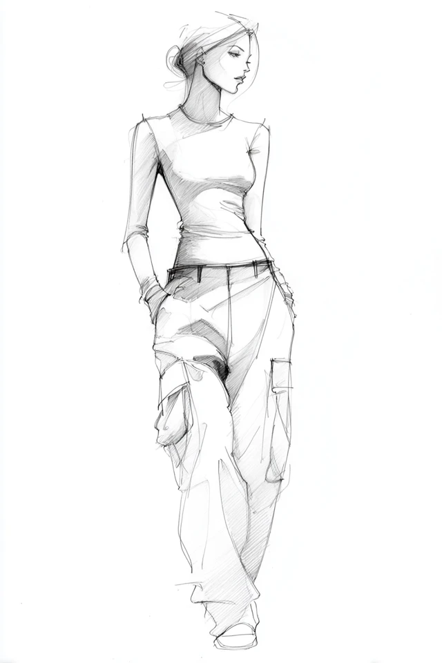 Fashion Sketch: Woman in Top and Cargo Pants