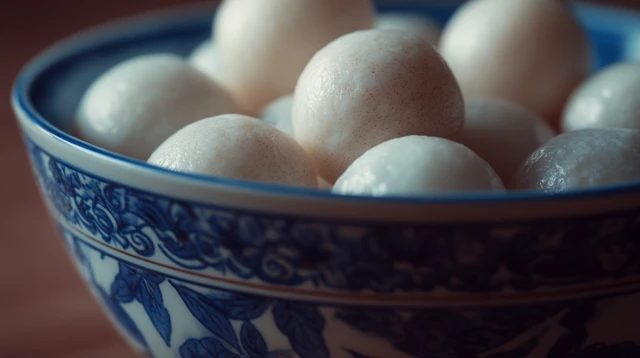 Chinese Dessert Glutinous Rice Balls in Porcelain Bowl