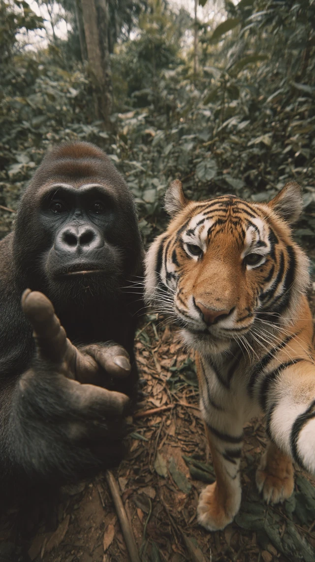 Gorilla and Tiger Making Peace Signs Jungle Selfie