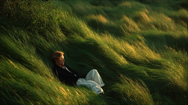 Serene Field Person Relaxing Golden Sunlight