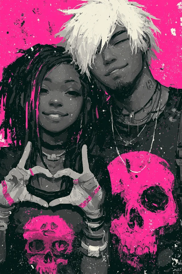 Emo Couple Illustration Pink Black Skulls