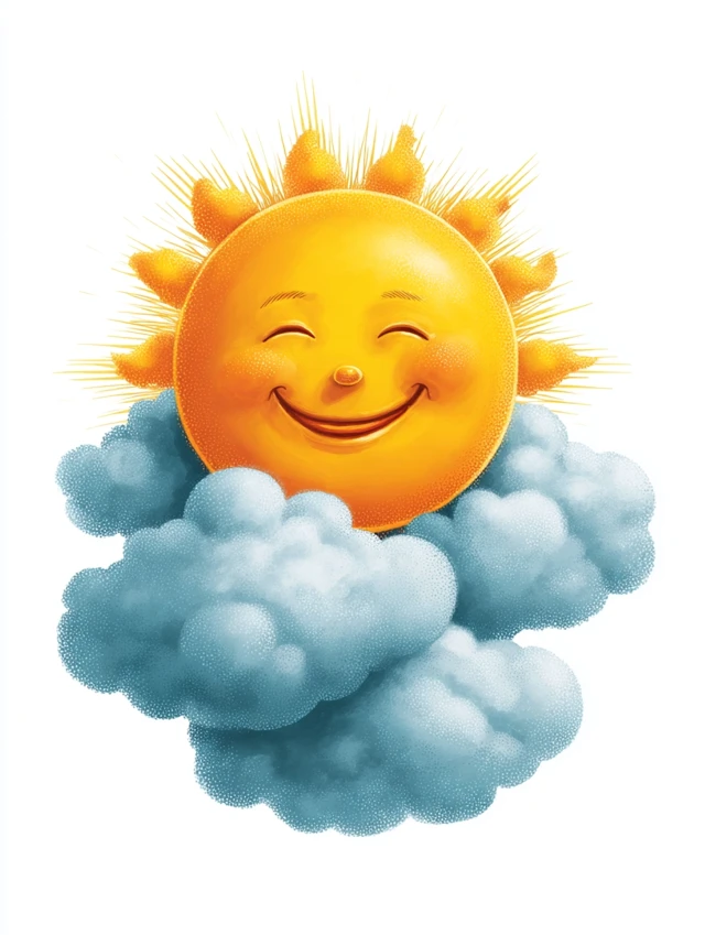 Smiling Sun Behind Clouds Childrens Book Illustration