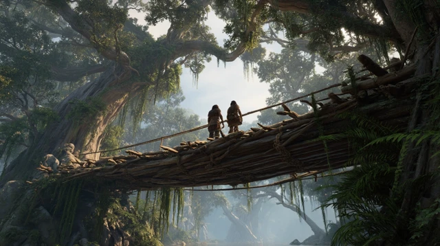 Primitive Tribe on Log Bridge Dinosaur Era UE5
