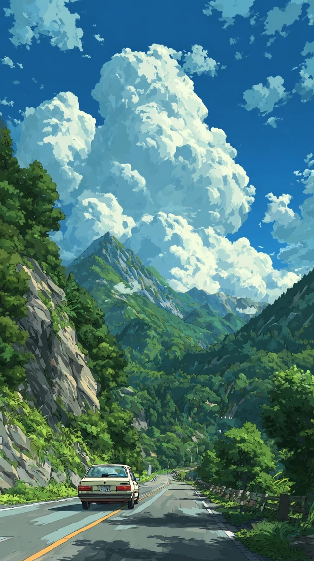 Anime Road Trip Through Mountains and Sky