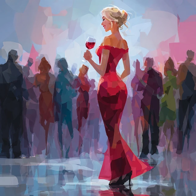 Blonde Girl in Red Dress at Wine Party