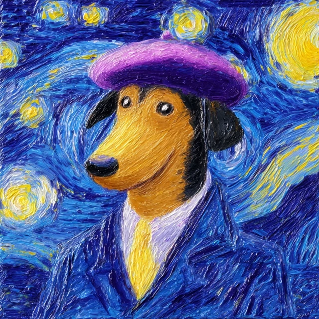 Dog in Beret and Suit Van Gogh Style Painting