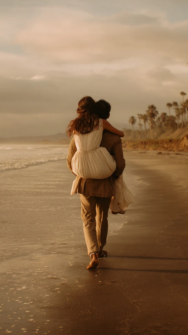 Romantic Beach Scene Golden Hour Couple Walking