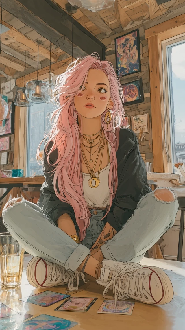 Young Witch in Coffee Shop Pink Hair Disney Cartoon