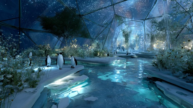 Futuristic Eco Habitat with Penguins and Nature
