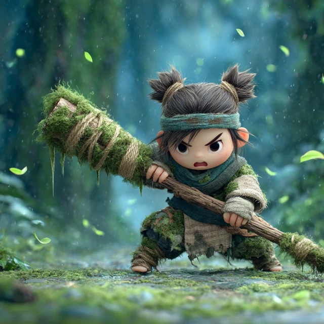 Chibi Warrior Child Fierce Expression Cinematic Render