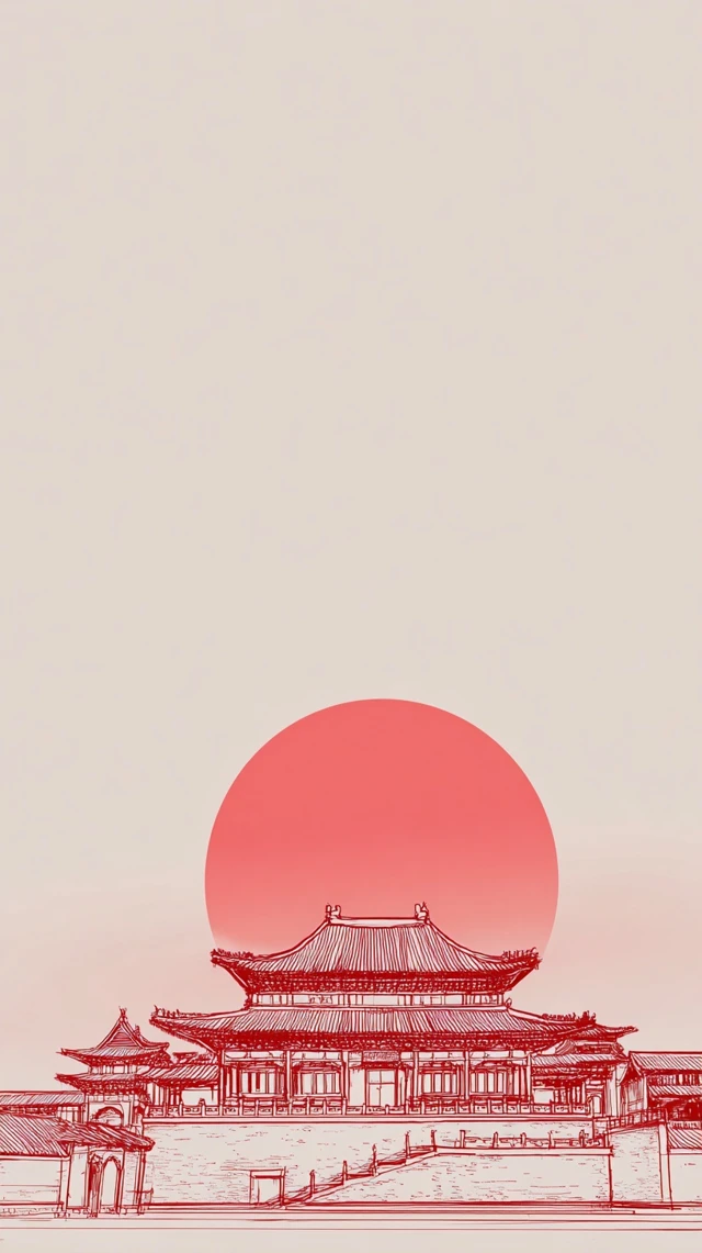 Minimalist Chinese Architecture Red Sketch Outline