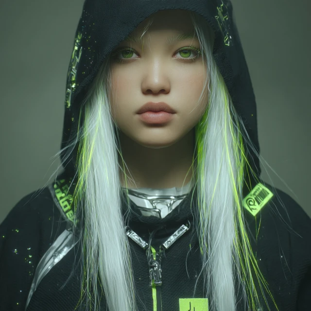 Cyberpunk Asian Girl Neon Eyes and Glitchcore