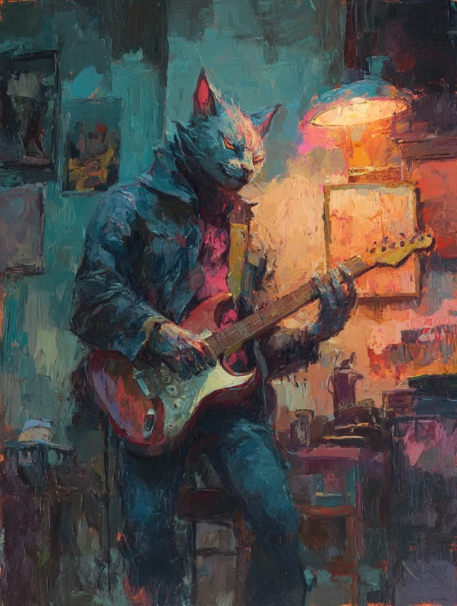Cat Head Musician Playing Guitar Whimsical Art