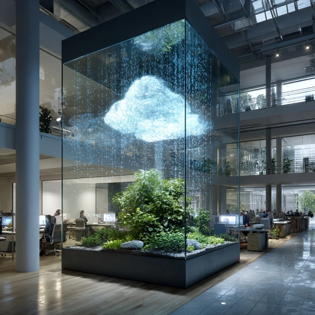 Modern Office Interior Glass Cube Garden and Data Rain