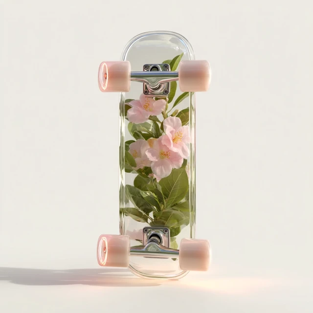 Glass Skateboard with Flowers 3D Icon Spring Aesthetic