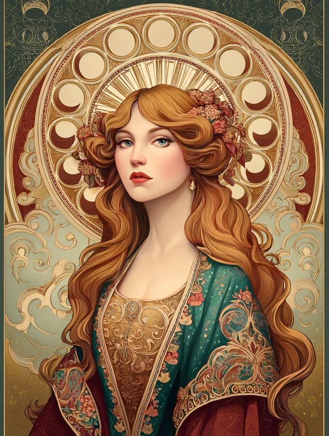 Art Nouveau Portrait of a Woman Moon Halo