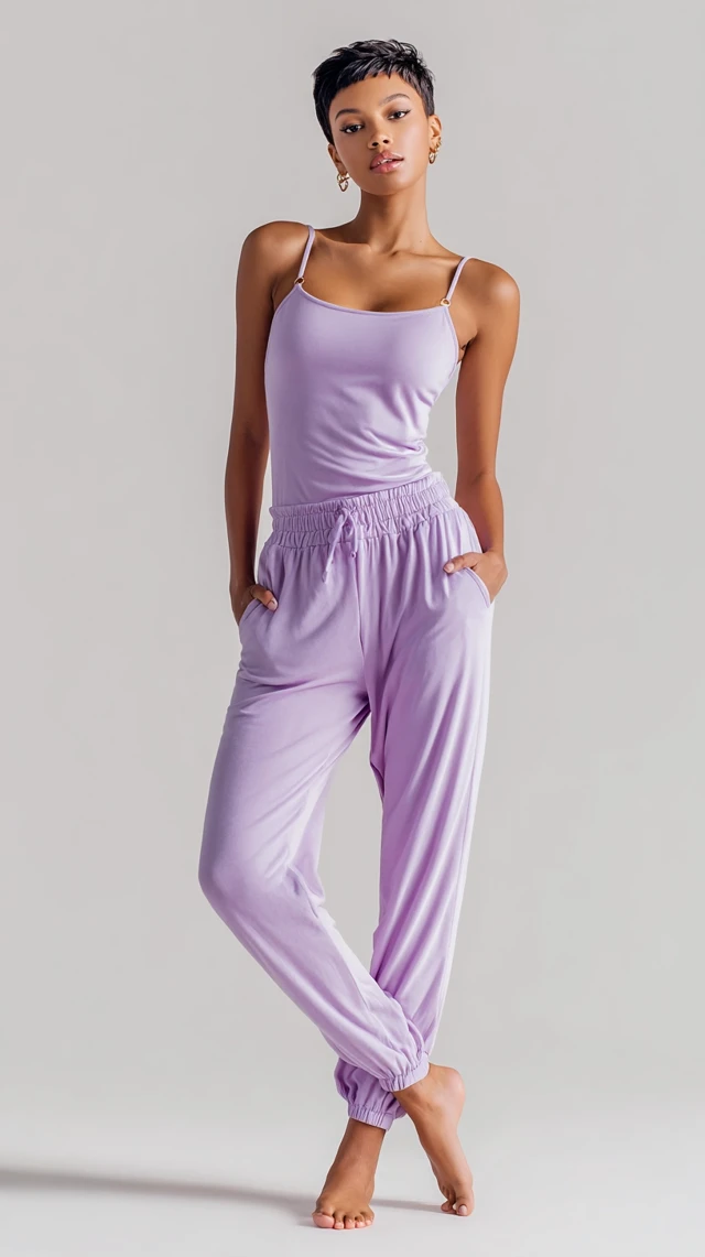 Fashion Model in Lavender Tracksuit Studio Shot