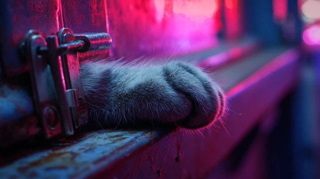 Cyberpunk Cat Paw on a Door Latch Neon Night