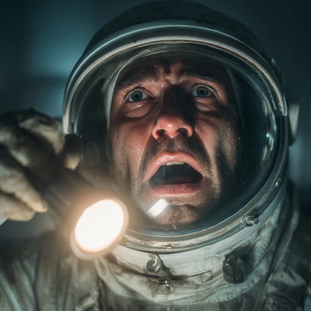 Horrified Spaceman with Flashlight