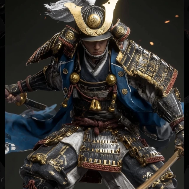 Japanese Samurai in Armor Gold and Blue 3D Render