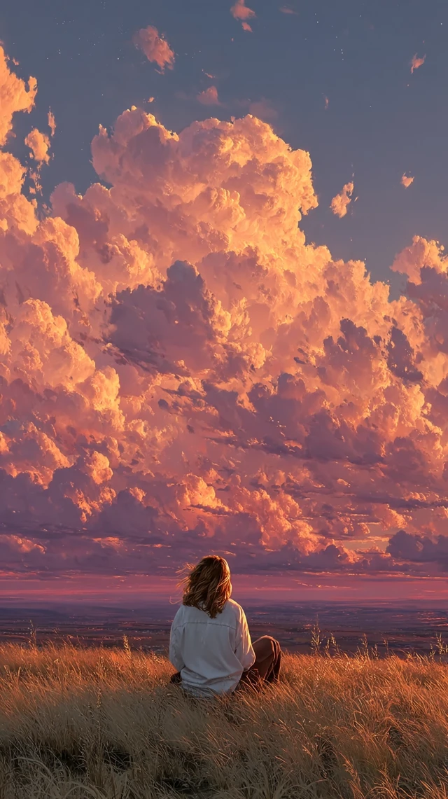 Dreamy Twilight Scene Girl Gazing at Clouds