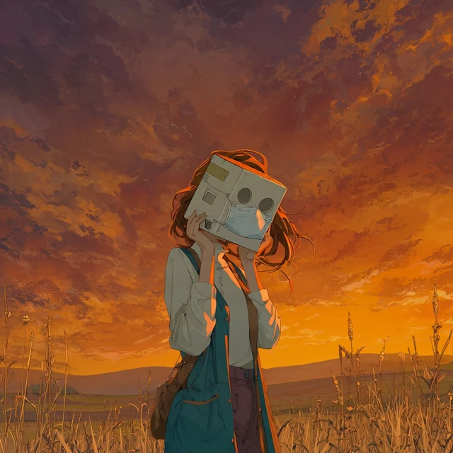 Cartoon Girl with Mask Box in Wilderness