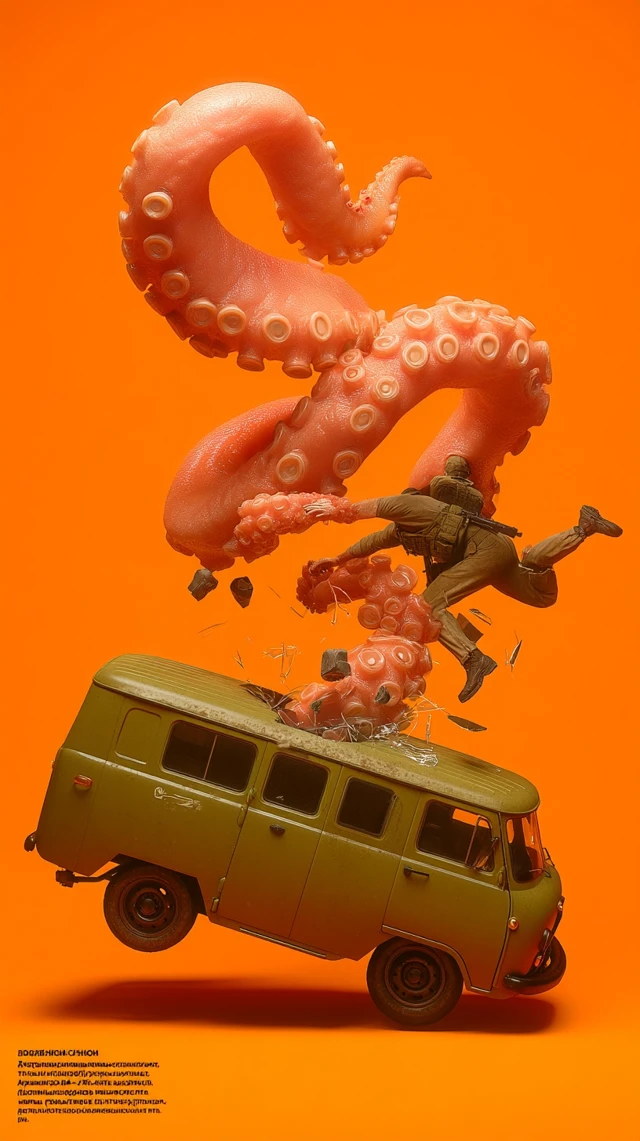 Giant Tentacle Attacks Military Van - Surreal Action Poster