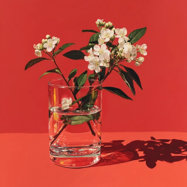 Still Life White Flowers in Glass Tumbler Red Background