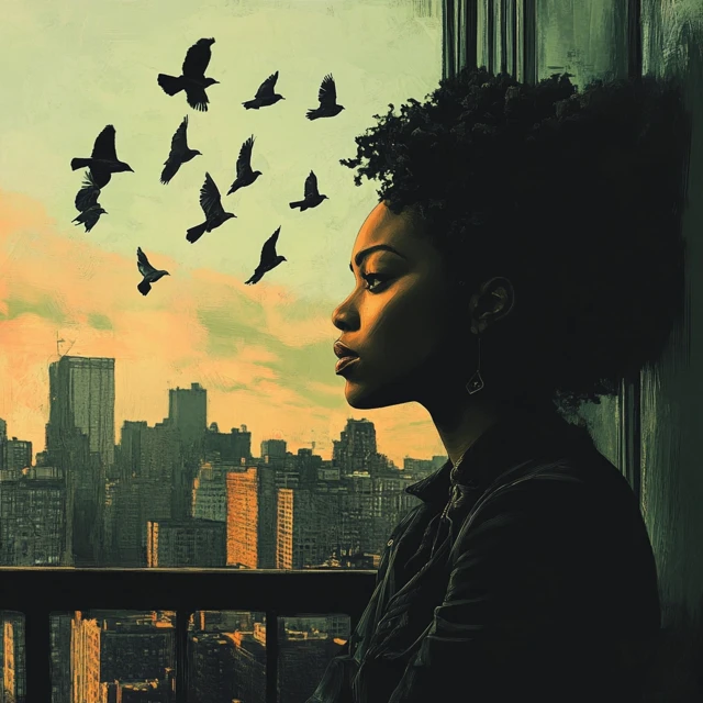Black Woman on Balcony Birds and Cityscape