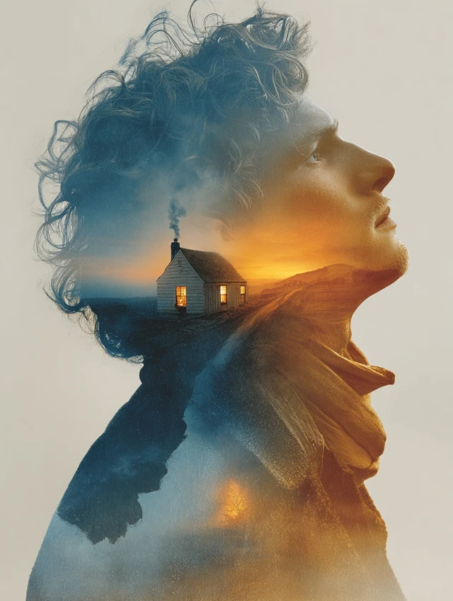 Double Exposure Man and Home Longing