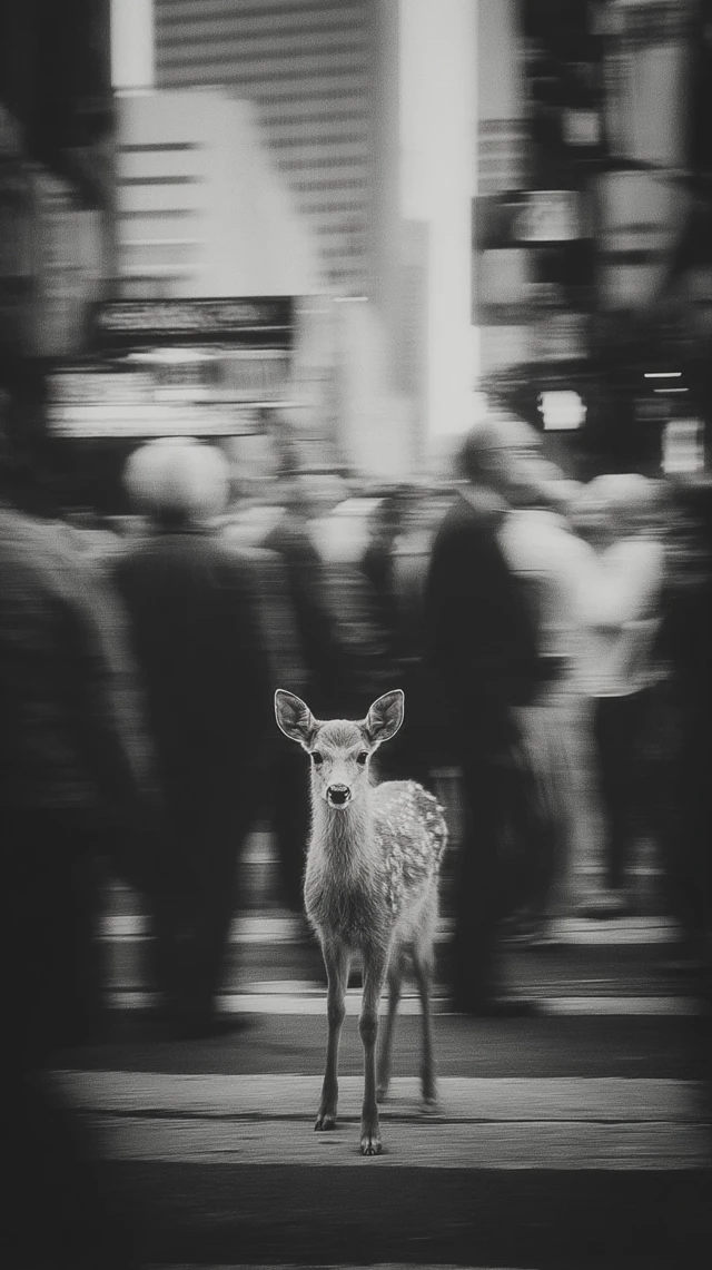 Fawn in City Intersection Black and White Photography